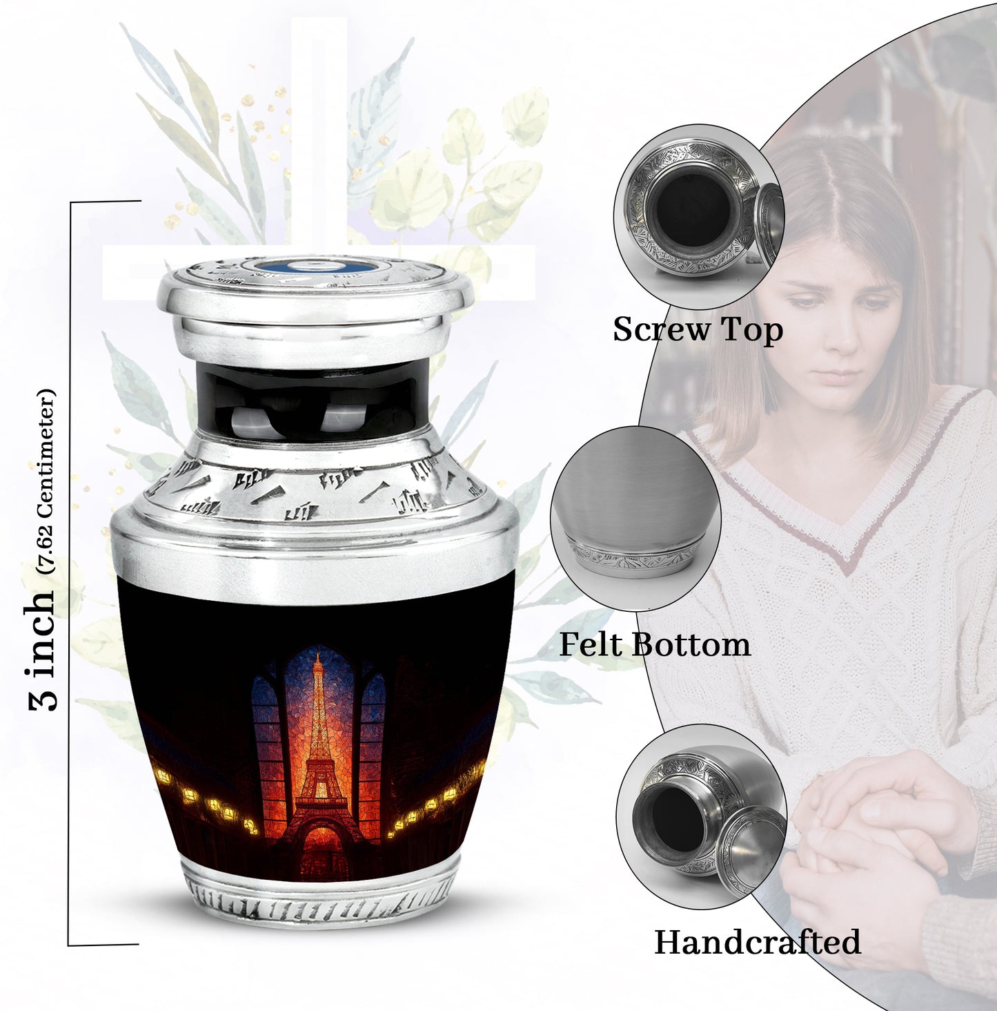 Ebony Eiffel Tower Cremation Urn top-down view of secure threaded lid - contemporary eiffel tower design with modern artistic flair - mini keepsake memorial for portion of cremation ashes