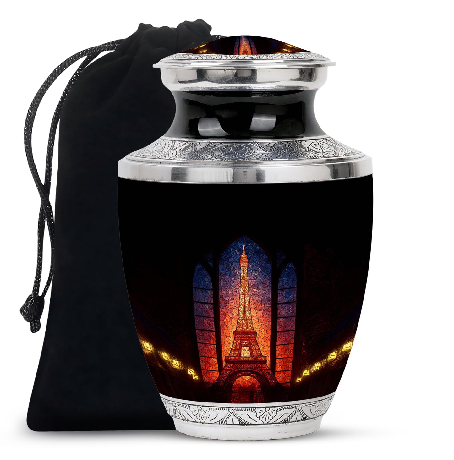 Rich Black Eiffel Tower Cremation Urn side profile showing urn shape - contemporary eiffel tower design with modern artistic flair - full-size 10 inch 200 cubic inch adult cremation urn