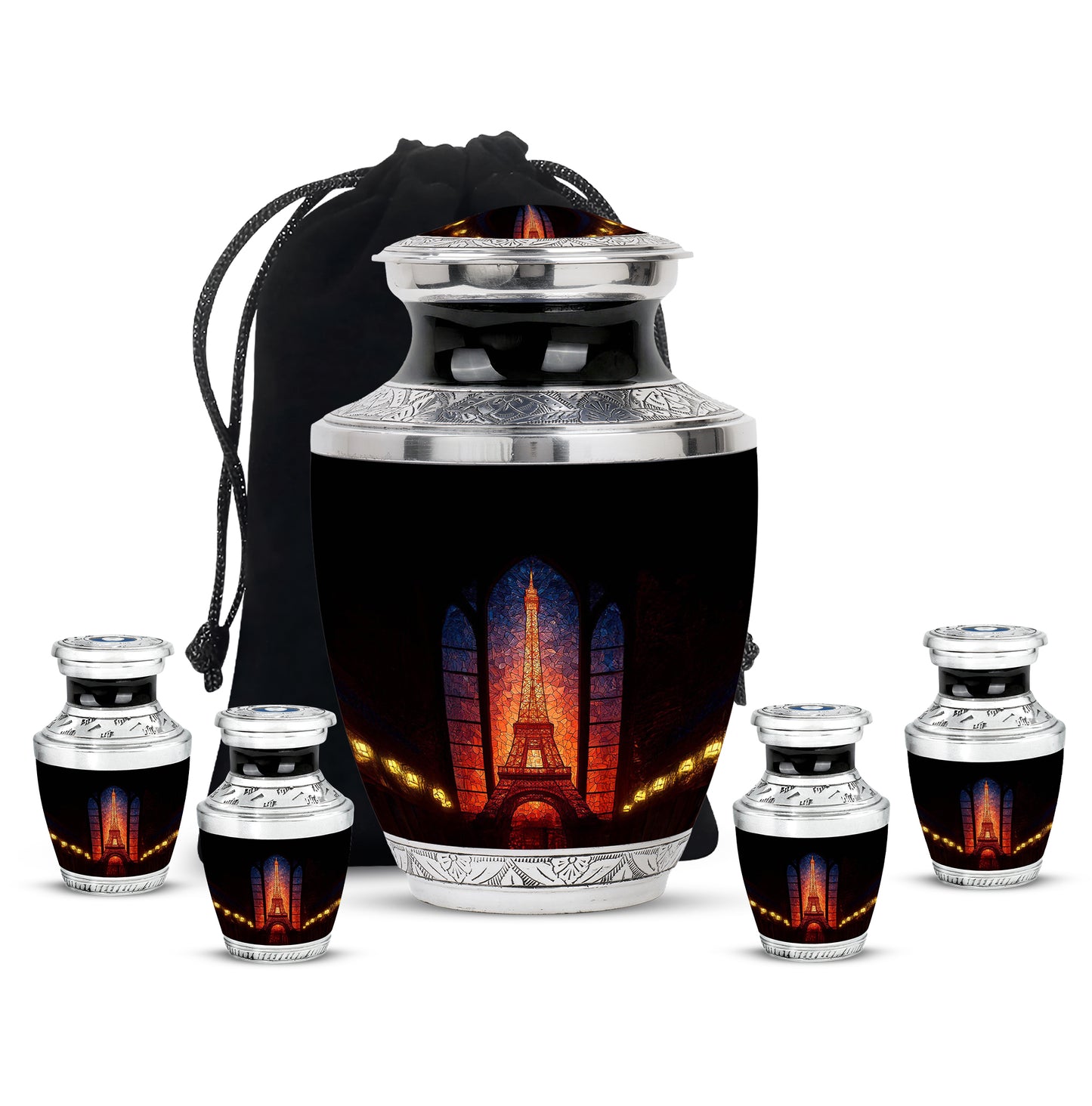 Dark Black Eiffel Tower Cremation Urn lifestyle display on memorial shelf - stylized abstract eiffel tower pattern with bold lines - memorial set with one large and four small urns