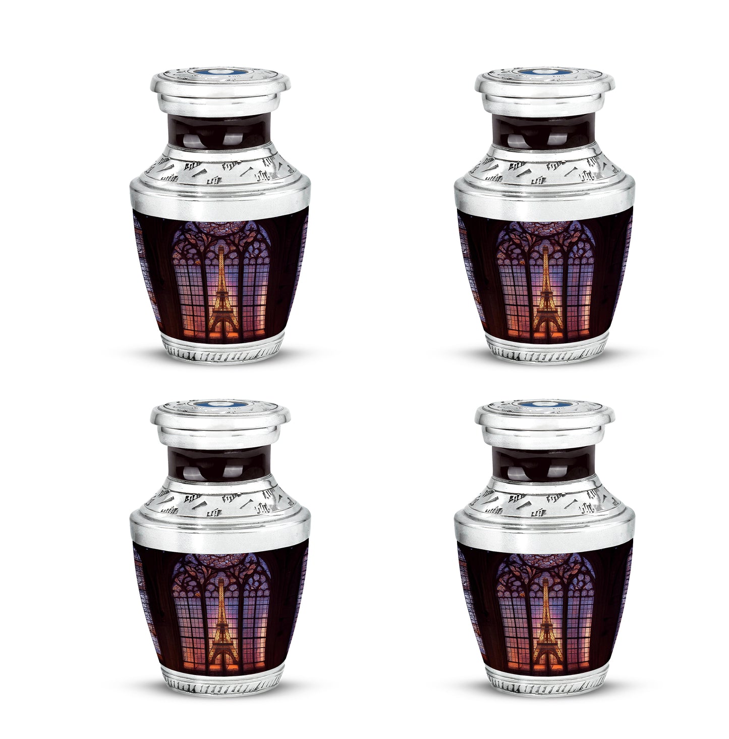 Onyx Black Eiffel Tower Cremation Urn back view with polished surface - stylized abstract eiffel tower pattern with bold lines - 10 inch aluminum urn for cremated remains