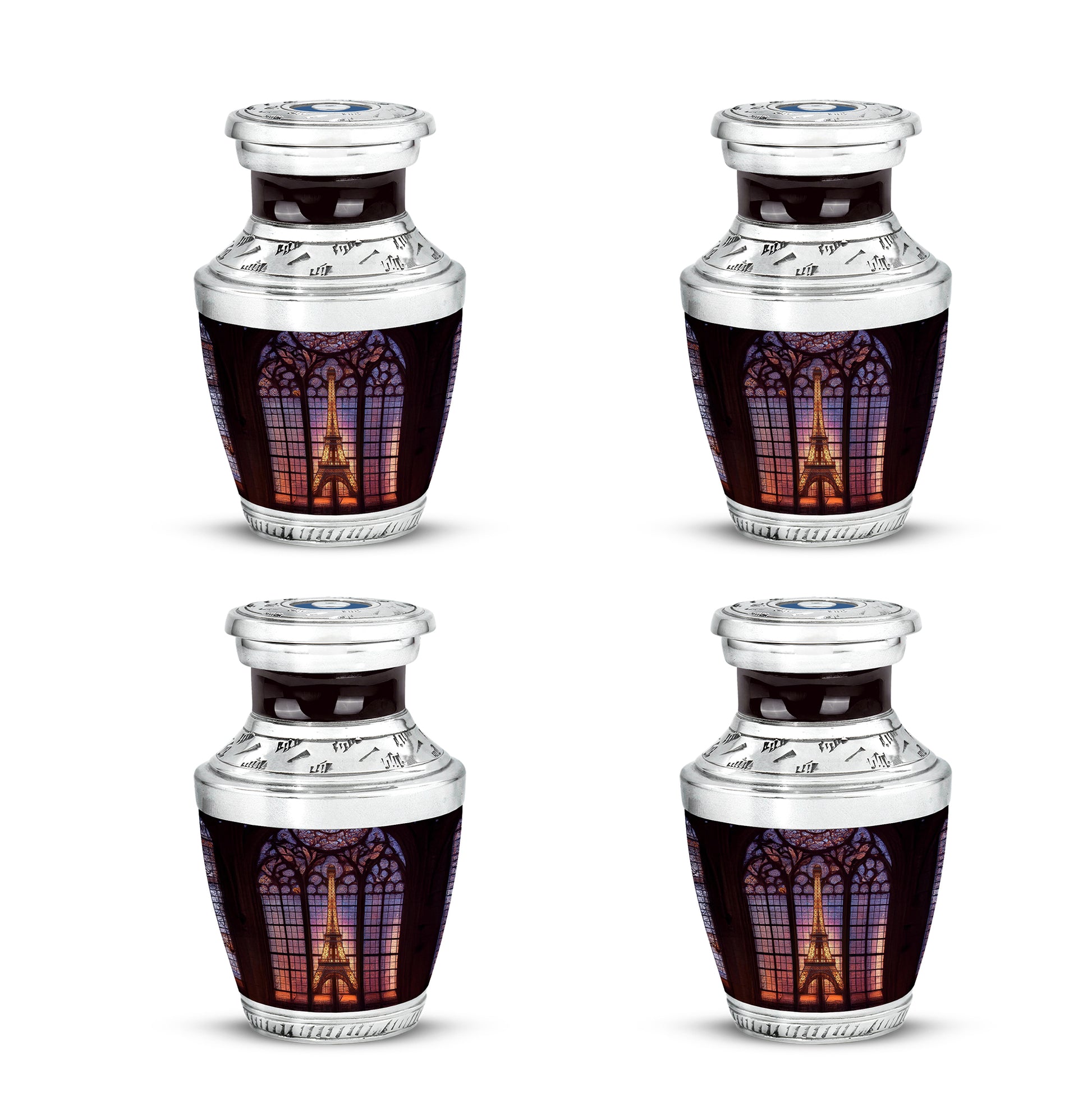 Onyx Black Eiffel Tower Cremation Urn back view with polished surface - stylized abstract eiffel tower pattern with bold lines - 10 inch aluminum urn for cremated remains