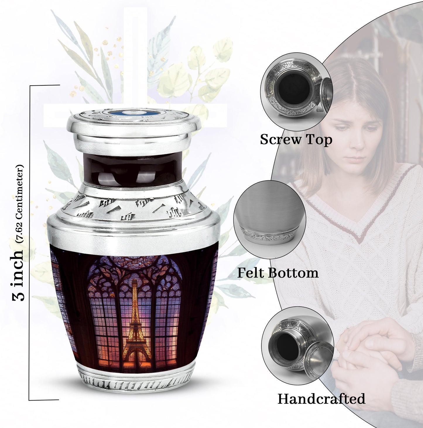 Onyx Black Eiffel Tower Cremation Urn top-down view of secure threaded lid - artistic eiffel tower interpretation with creative detail - mini keepsake memorial for portion of cremation ashes