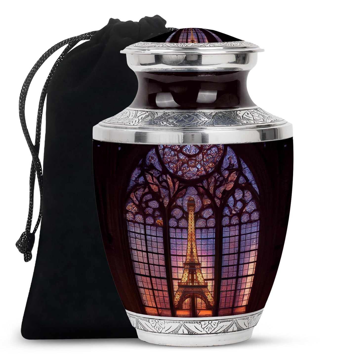 Midnight Black Eiffel Tower Cremation Urn side profile showing urn shape - artistic eiffel tower interpretation with creative detail - full-size 10 inch 200 cubic inch adult cremation urn