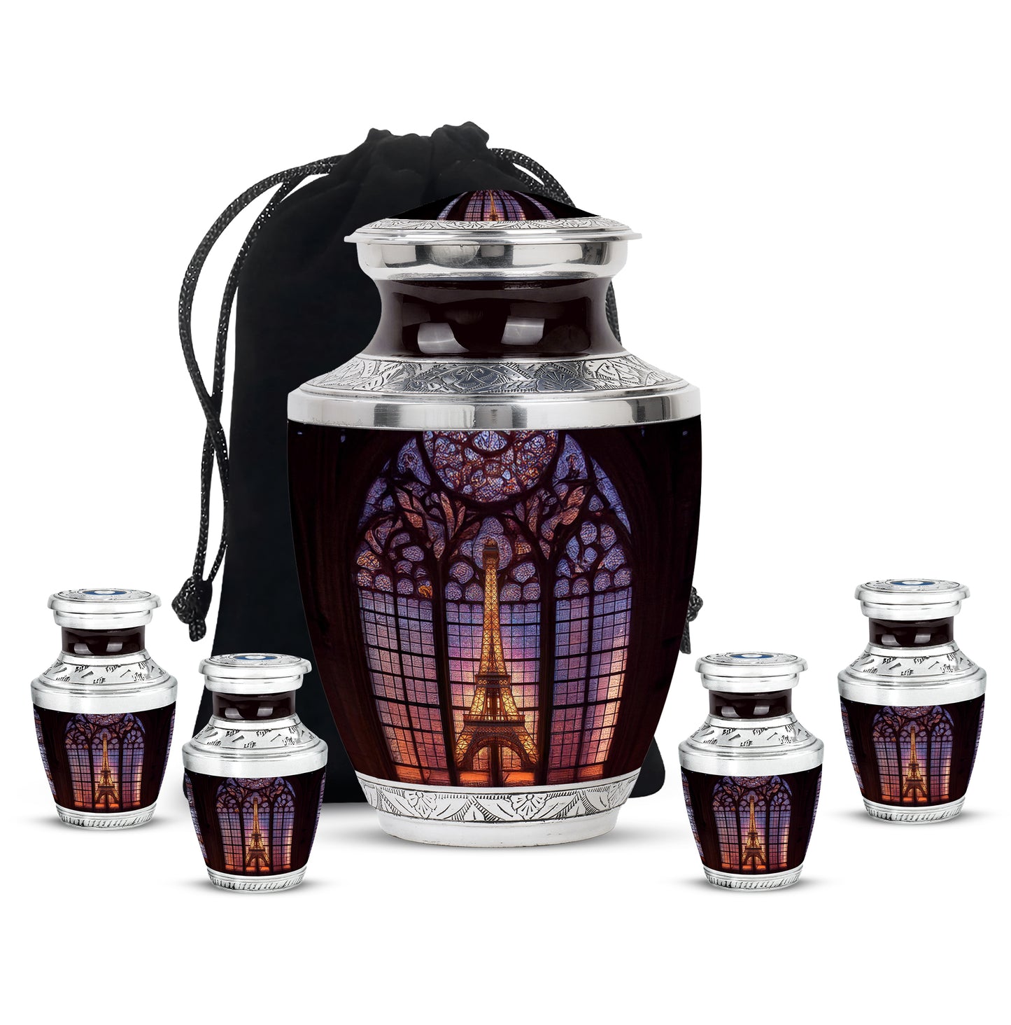 Jet Black Eiffel Tower Cremation Urn lifestyle display on memorial shelf - modern art-inspired eiffel tower motif on sleek aluminum - memorial set with one large and four small urns