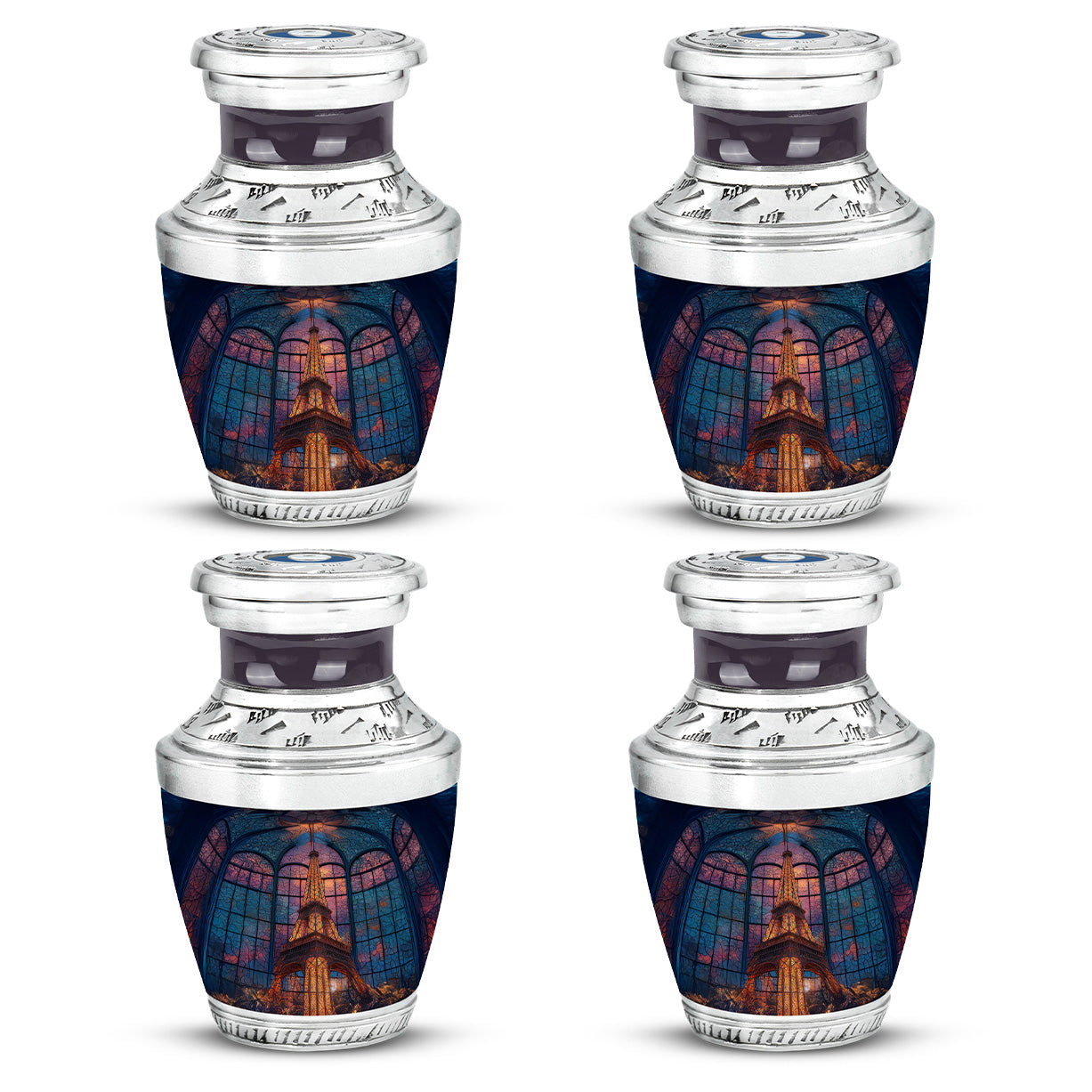 Soft Blue Eiffel Tower Cremation Urn back view with polished surface - stylized abstract eiffel tower pattern with bold lines - 10 inch aluminum urn for cremated remains