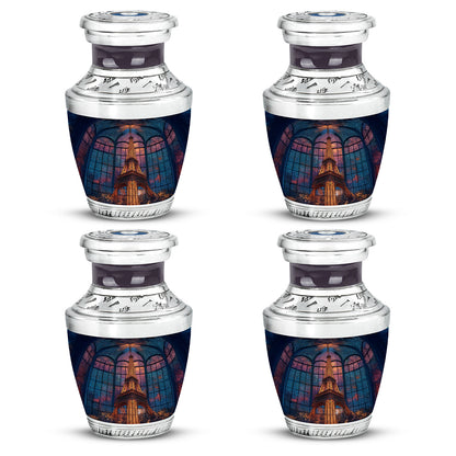 Soft Blue Eiffel Tower Cremation Urn back view with polished surface - stylized abstract eiffel tower pattern with bold lines - 10 inch aluminum urn for cremated remains
