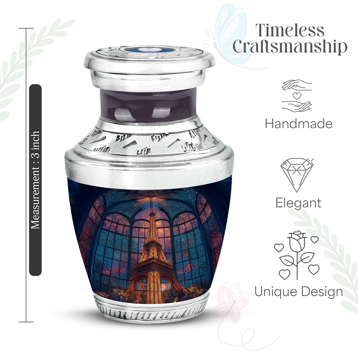 Steel Blue Eiffel Tower Cremation Urn top-down view of secure threaded lid - stylized abstract eiffel tower pattern with bold lines - mini keepsake memorial for portion of cremation ashes