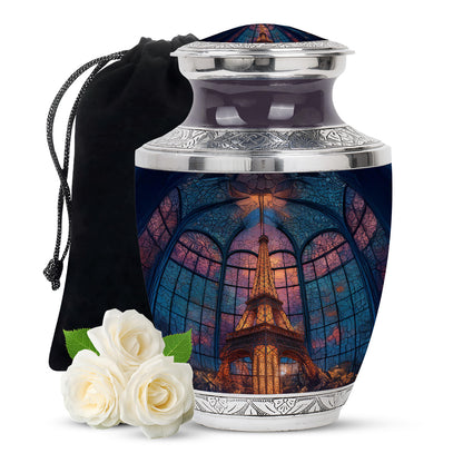 Vivid Blue Eiffel Tower Cremation Urn side profile showing urn shape - stylized abstract eiffel tower pattern with bold lines - full-size 10 inch 200 cubic inch adult cremation urn