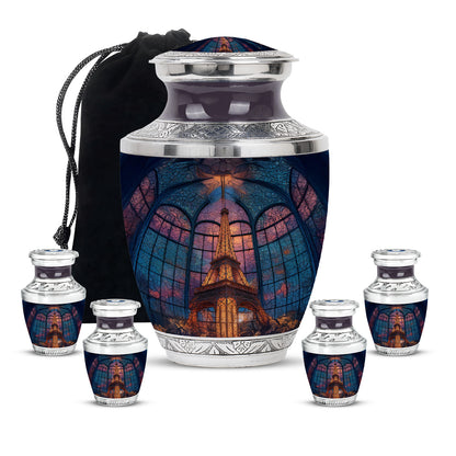 Indigo Eiffel Tower Cremation Urn lifestyle display on memorial shelf - contemporary eiffel tower design with modern artistic flair - memorial set with one large and four small urns