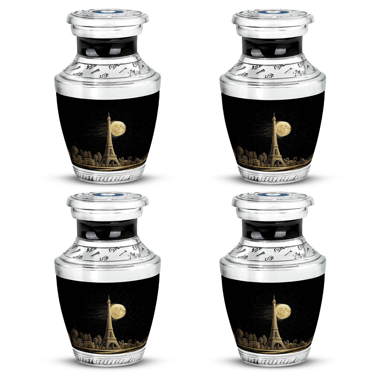 Charcoal Black Eiffel Tower Cremation Urn back view with polished surface - artistic eiffel tower interpretation with creative detail - 10 inch aluminum urn for cremated remains