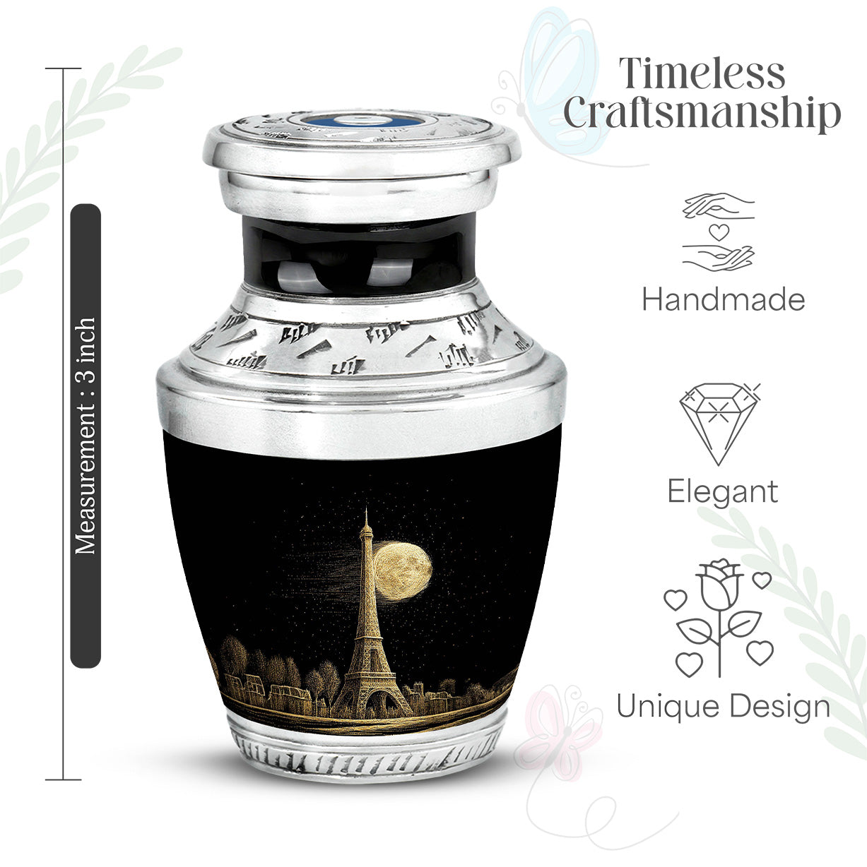 Onyx Black Eiffel Tower Cremation Urn top-down view of secure threaded lid - artistic eiffel tower interpretation with creative detail - mini keepsake memorial for portion of cremation ashes