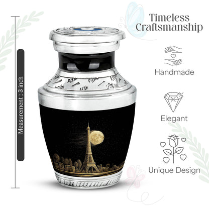 Onyx Black Eiffel Tower Cremation Urn top-down view of secure threaded lid - artistic eiffel tower interpretation with creative detail - mini keepsake memorial for portion of cremation ashes