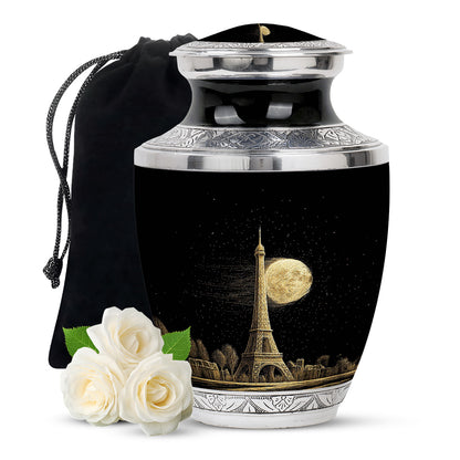Glossy Black Eiffel Tower Cremation Urn side profile showing urn shape - modern art-inspired eiffel tower motif on sleek aluminum - full-size 10 inch 200 cubic inch adult cremation urn