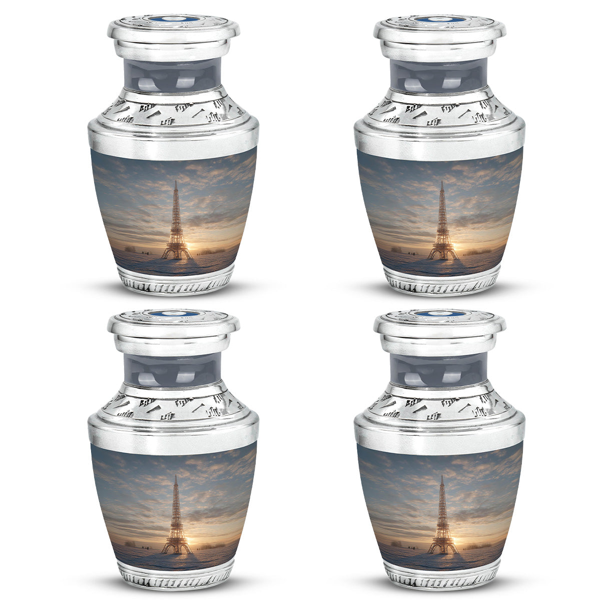 Silver Gray Eiffel Tower Cremation Urn back view with polished surface - modern art-inspired eiffel tower motif on sleek aluminum - 10 inch aluminum urn for cremated remains