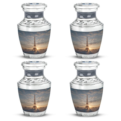 Silver Gray Eiffel Tower Cremation Urn back view with polished surface - modern art-inspired eiffel tower motif on sleek aluminum - 10 inch aluminum urn for cremated remains