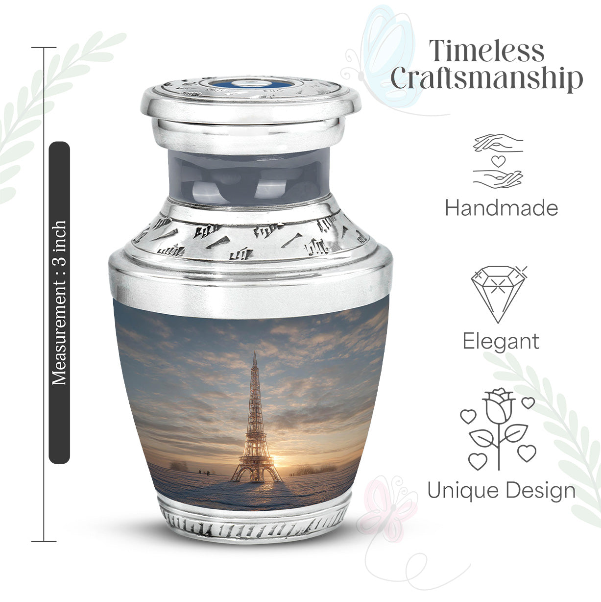 Steel Gray Eiffel Tower Cremation Urn top-down view of secure threaded lid - artistic eiffel tower interpretation with creative detail - mini keepsake memorial for portion of cremation ashes