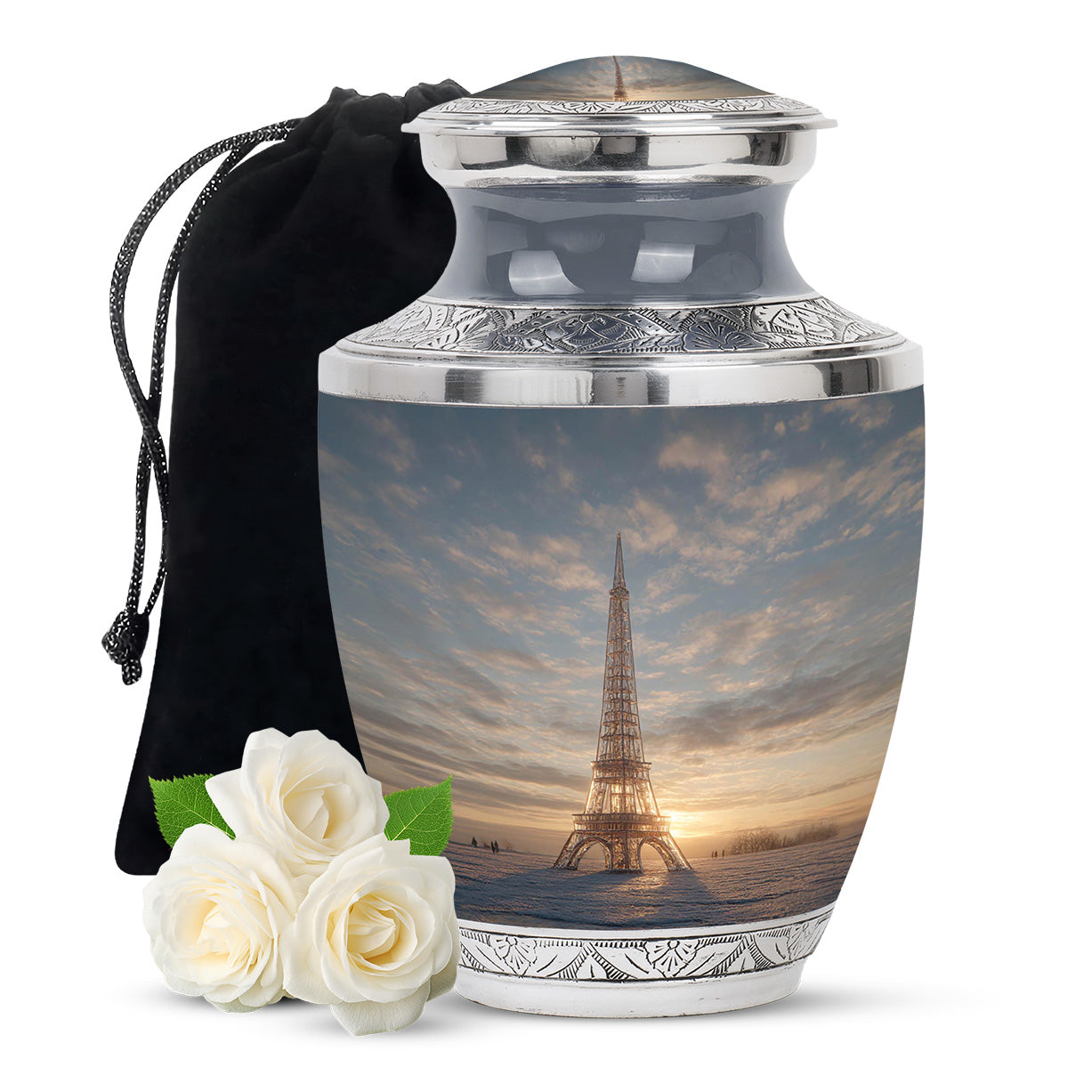 Slate Gray Eiffel Tower Cremation Urn side profile showing urn shape - artistic eiffel tower interpretation with creative detail - full-size 10 inch 200 cubic inch adult cremation urn