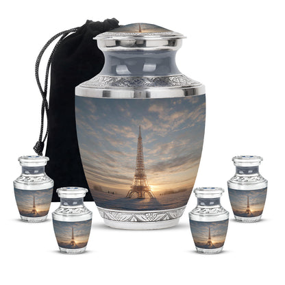 Steel Gray Eiffel Tower Cremation Urn lifestyle display on memorial shelf - artistic eiffel tower interpretation with creative detail - memorial set with one large and four small urns