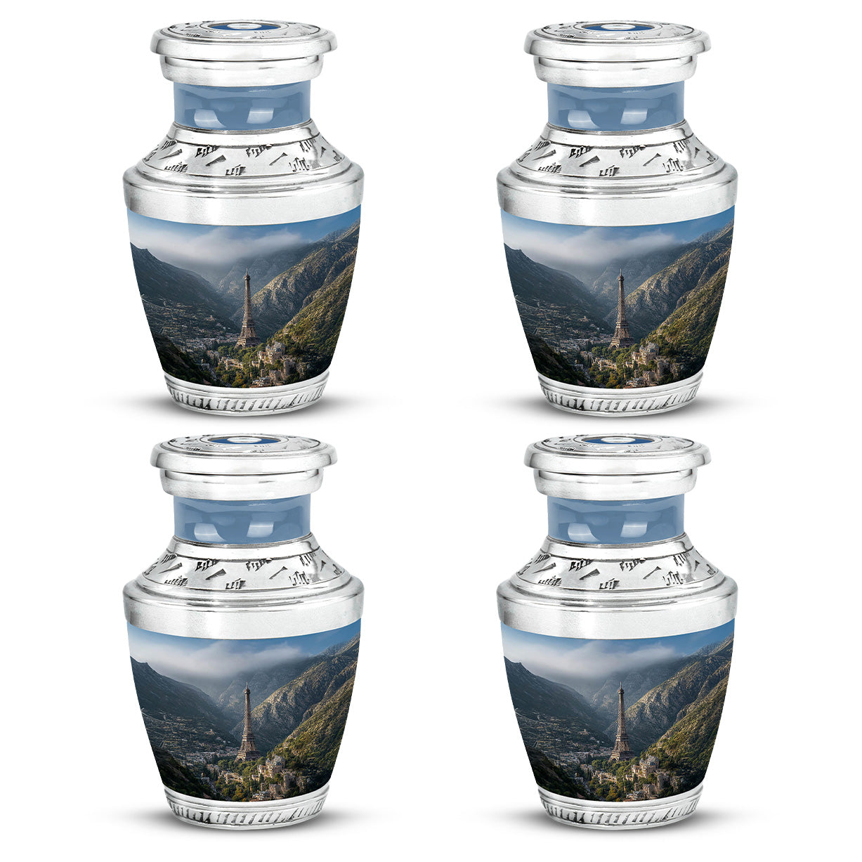 Royal Blue Eiffel Tower Cremation Urn back view with polished surface - artistic eiffel tower interpretation with creative detail - 10 inch aluminum urn for cremated remains