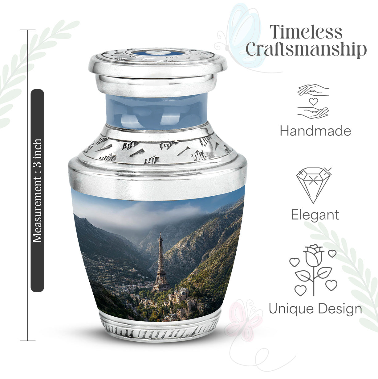 Cornflower Blue Eiffel Tower Cremation Urn top-down view of secure threaded lid - stylized abstract eiffel tower pattern with bold lines - mini keepsake memorial for portion of cremation ashes