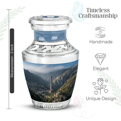 Cornflower Blue Eiffel Tower Cremation Urn top-down view of secure threaded lid - stylized abstract eiffel tower pattern with bold lines - mini keepsake memorial for portion of cremation ashes