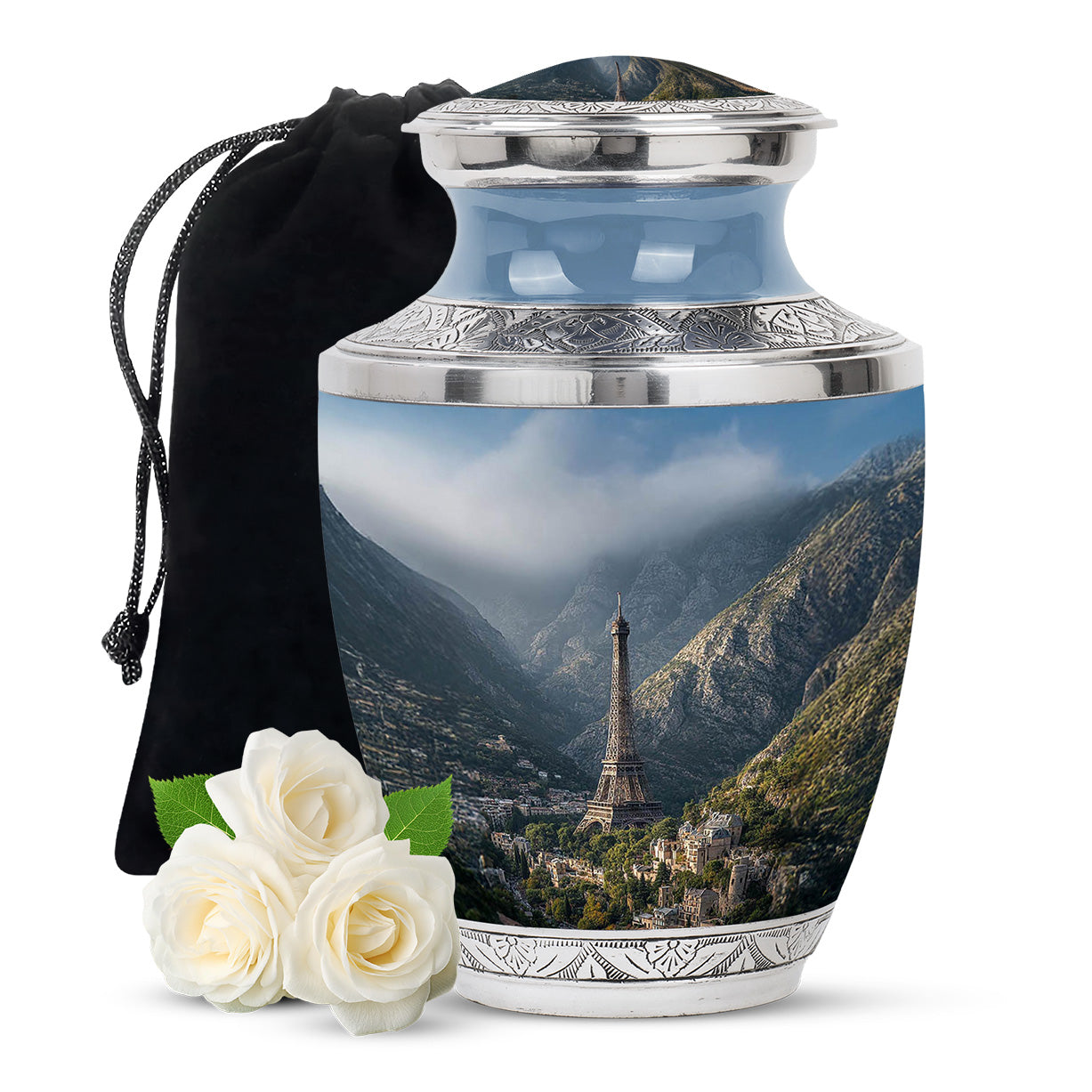 Royal Blue Eiffel Tower Cremation Urn side profile showing urn shape - stylized abstract eiffel tower pattern with bold lines - full-size 10 inch 200 cubic inch adult cremation urn
