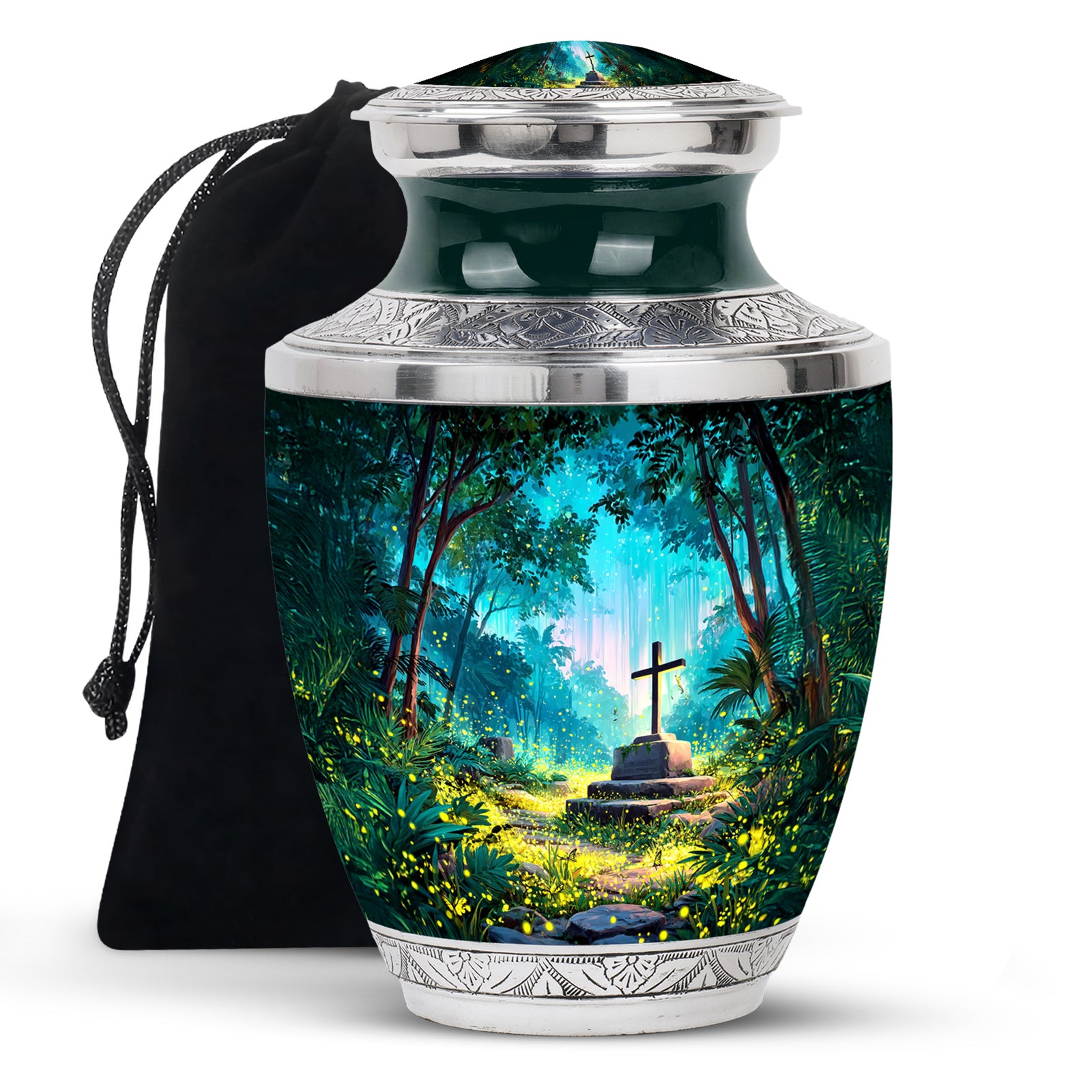 Soft Teal Cross Cremation Urn side profile showing urn shape - modern art-inspired cross motif on sleek aluminum - full-size 10 inch 200 cubic inch adult cremation urn