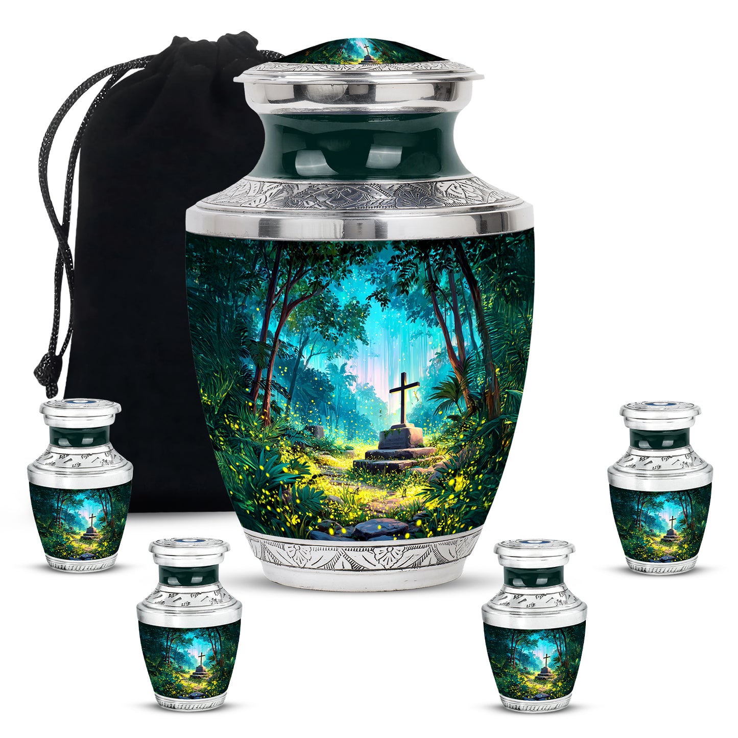 Tropical Teal Cross Cremation Urn lifestyle display on memorial shelf - stylized abstract cross pattern with bold lines - memorial set with one large and four small urns