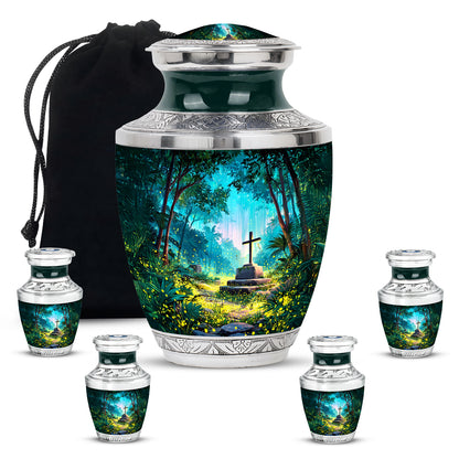 Tropical Teal Cross Cremation Urn lifestyle display on memorial shelf - stylized abstract cross pattern with bold lines - memorial set with one large and four small urns