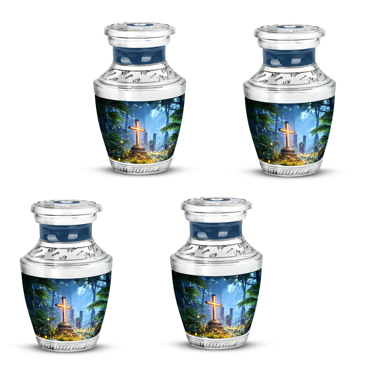 Bright Blue Cross Cremation Urn back view with polished surface - artistic cross interpretation with creative detail - 10 inch aluminum urn for cremated remains