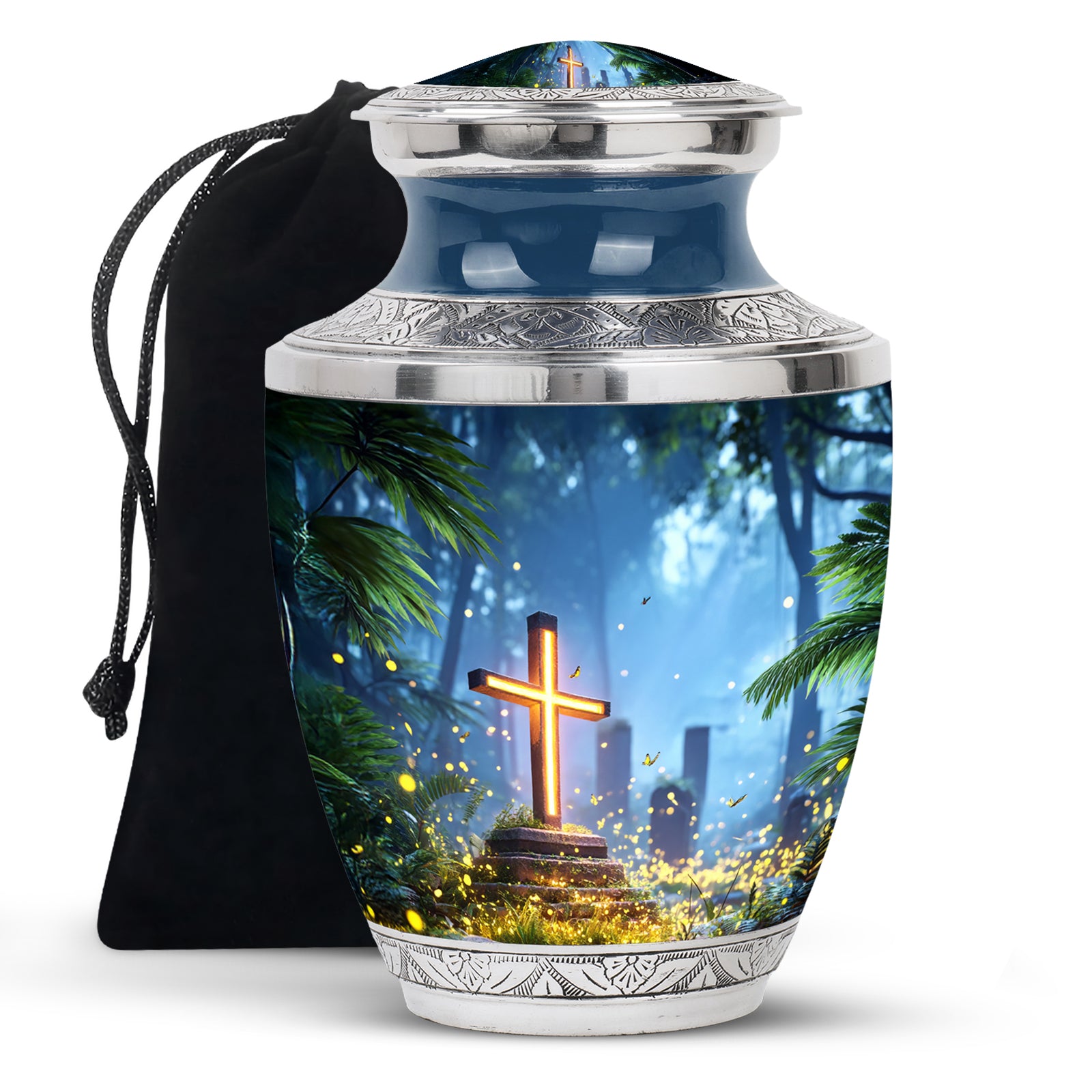 Vivid Blue Cross Cremation Urn side profile showing urn shape - stylized abstract cross pattern with bold lines - full-size 10 inch 200 cubic inch adult cremation urn
