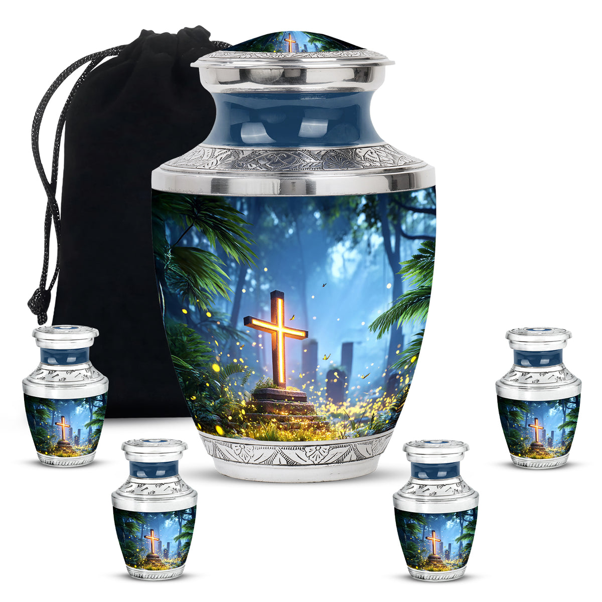Navy Blue Cross Cremation Urn lifestyle display on memorial shelf - modern art-inspired cross motif on sleek aluminum - memorial set with one large and four small urns