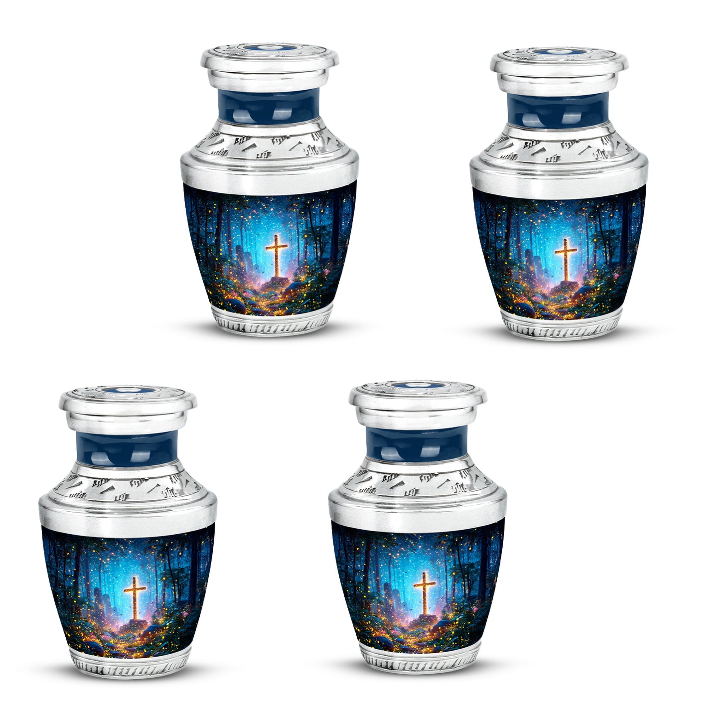 Celestial Blue Cross Cremation Urn back view with polished surface - contemporary cross design with modern artistic flair - 10 inch aluminum urn for cremated remains