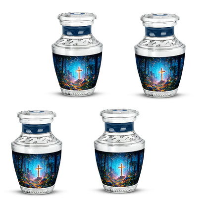 Celestial Blue Cross Cremation Urn back view with polished surface - contemporary cross design with modern artistic flair - 10 inch aluminum urn for cremated remains