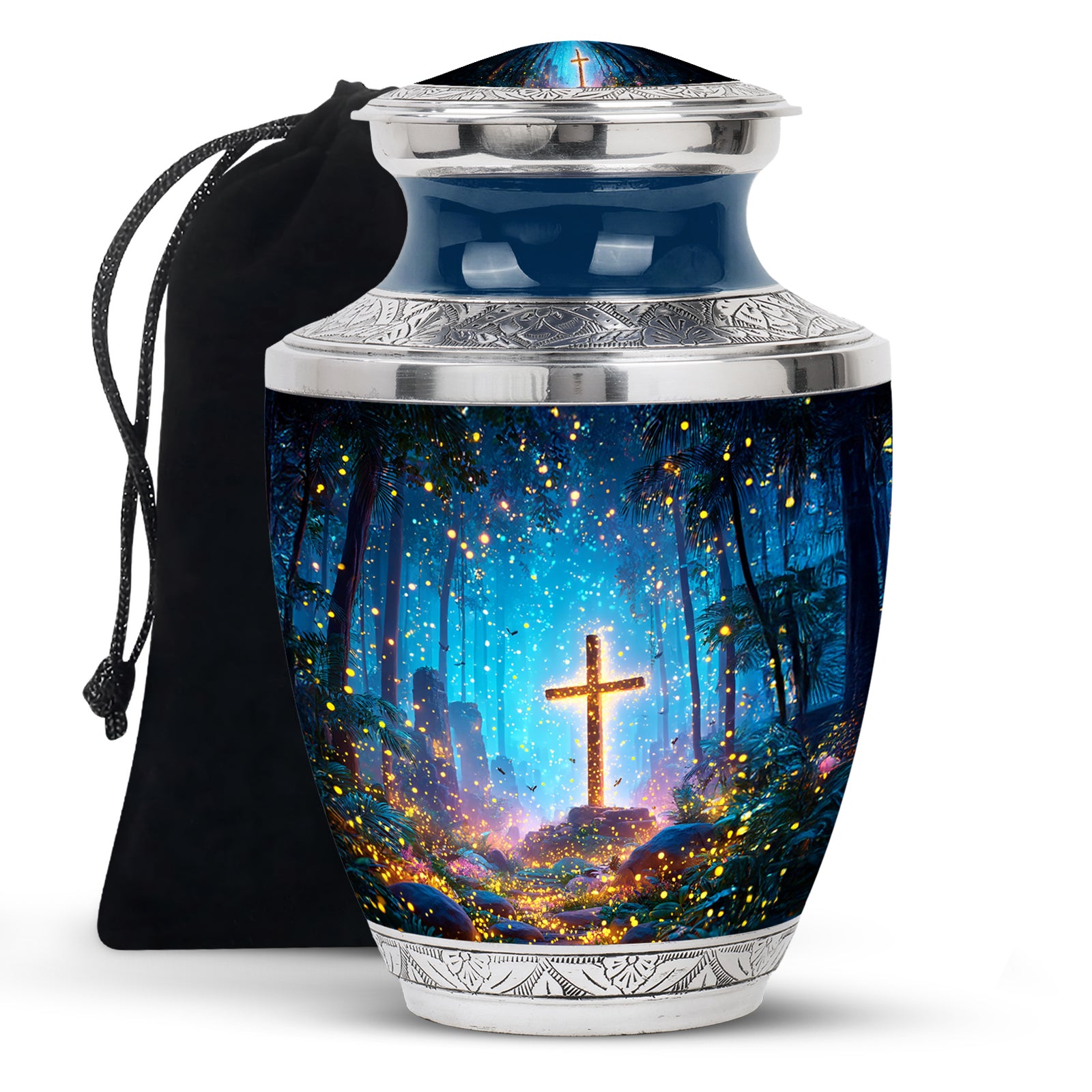 Serene Blue Cross Cremation Urn side profile showing urn shape - stylized abstract cross pattern with bold lines - full-size 10 inch 200 cubic inch adult cremation urn