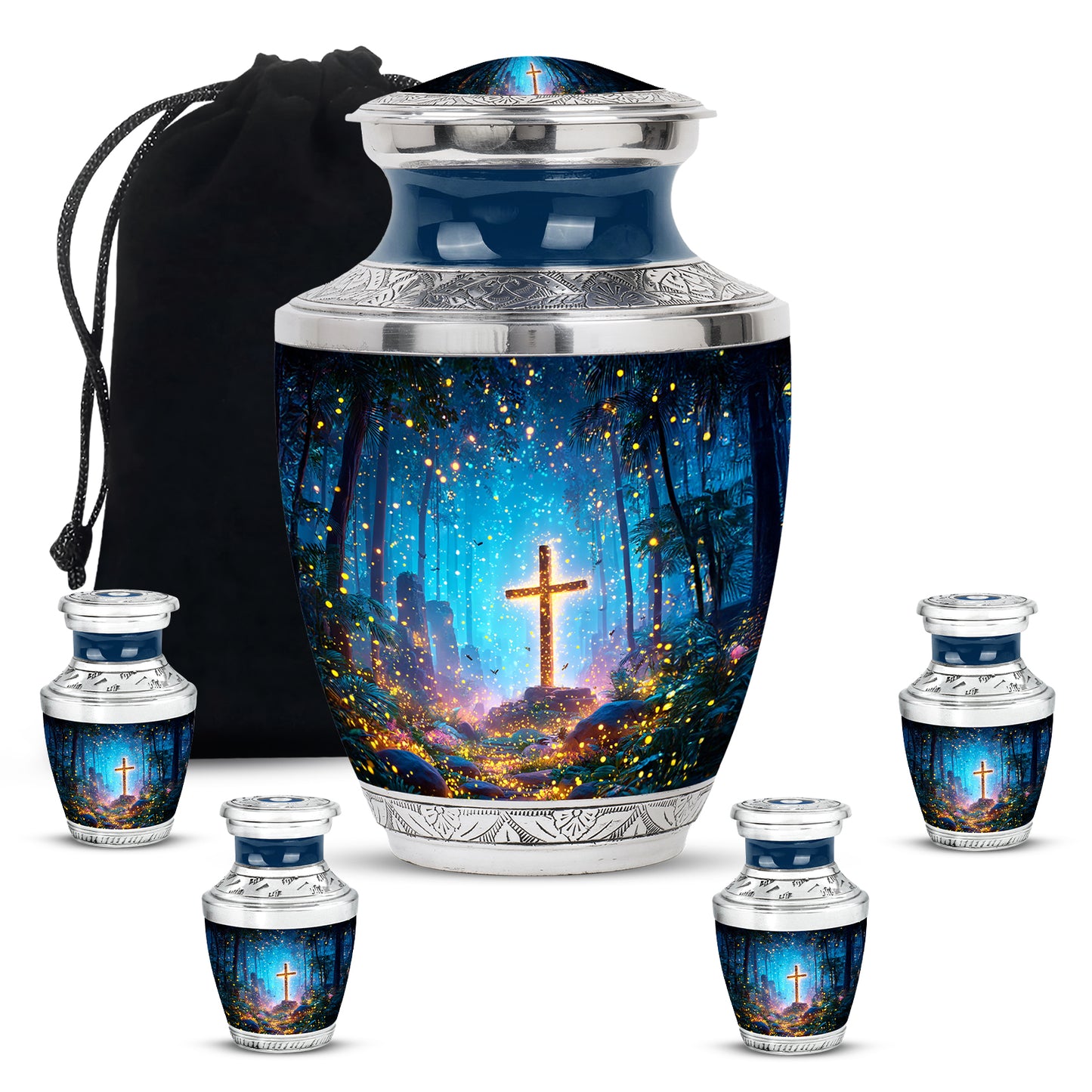 Soft Blue Cross Cremation Urn lifestyle display on memorial shelf - artistic cross interpretation with creative detail - memorial set with one large and four small urns