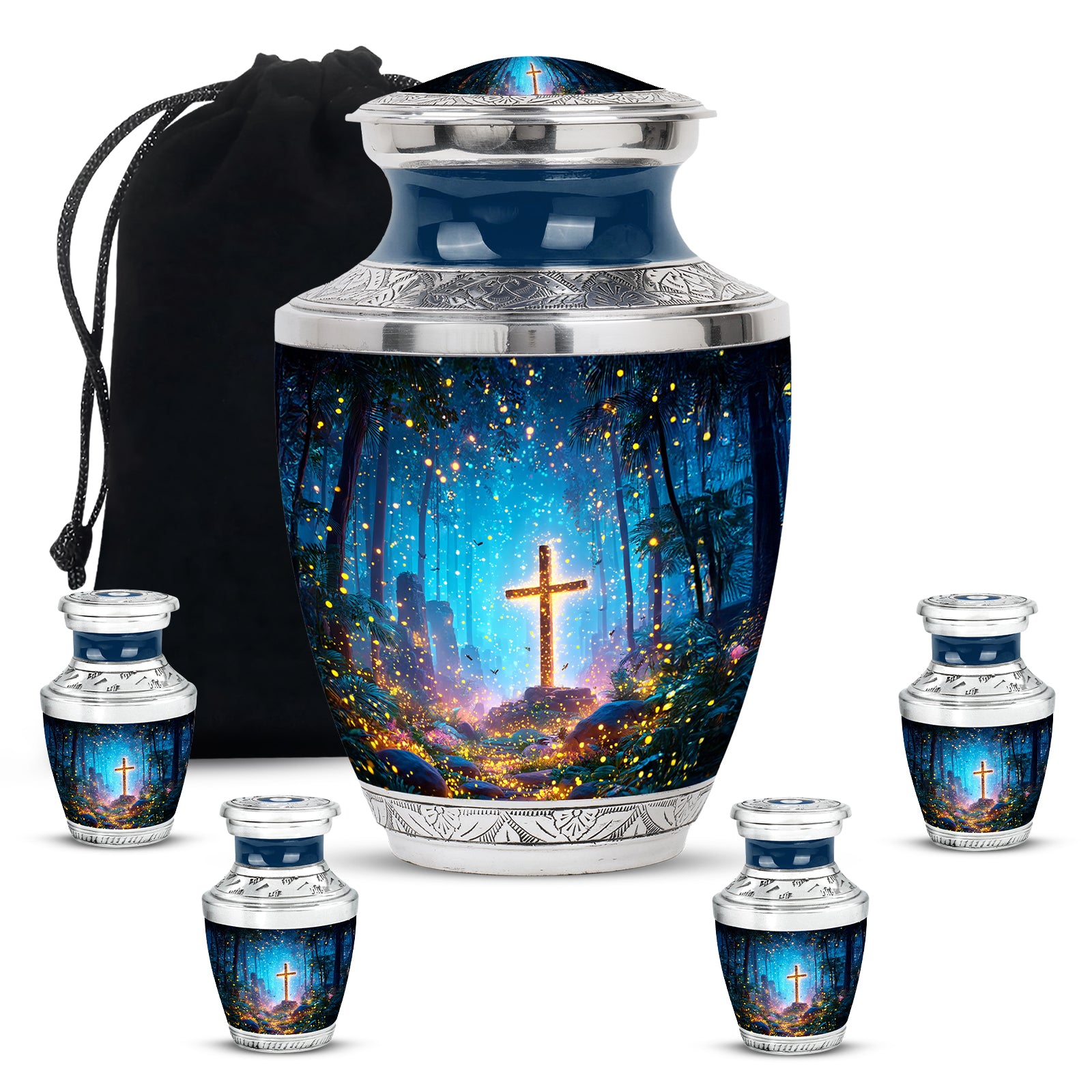 Soft Blue Cross Cremation Urn lifestyle display on memorial shelf - artistic cross interpretation with creative detail - memorial set with one large and four small urns