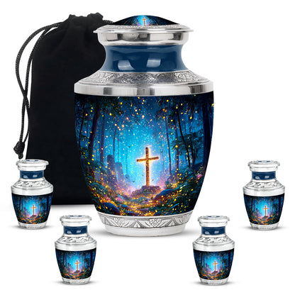 Soft Blue Cross Cremation Urn lifestyle display on memorial shelf - artistic cross interpretation with creative detail - memorial set with one large and four small urns