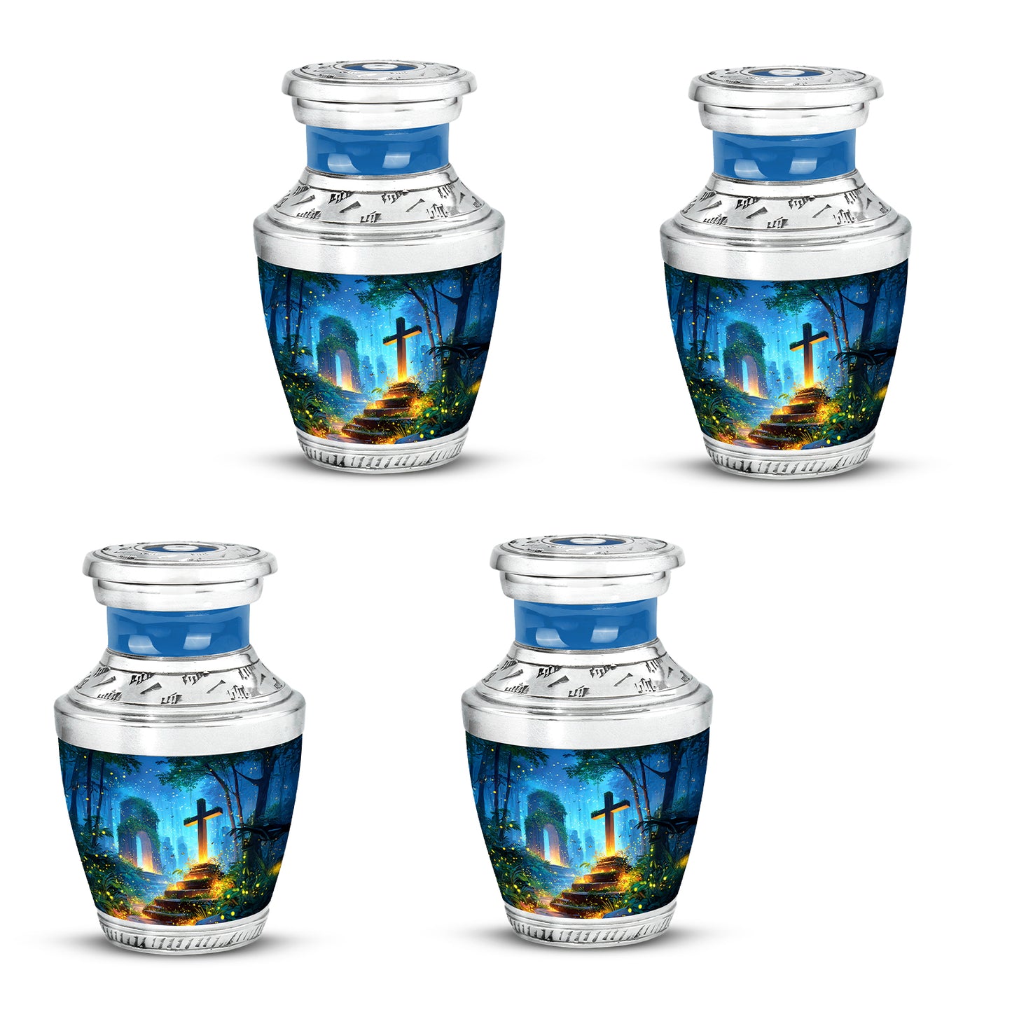 Sapphire Blue Cross Cremation Urn back view with polished surface - artistic cross interpretation with creative detail - 10 inch aluminum urn for cremated remains