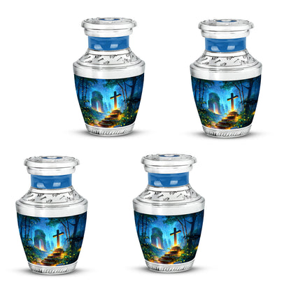 Sapphire Blue Cross Cremation Urn back view with polished surface - artistic cross interpretation with creative detail - 10 inch aluminum urn for cremated remains