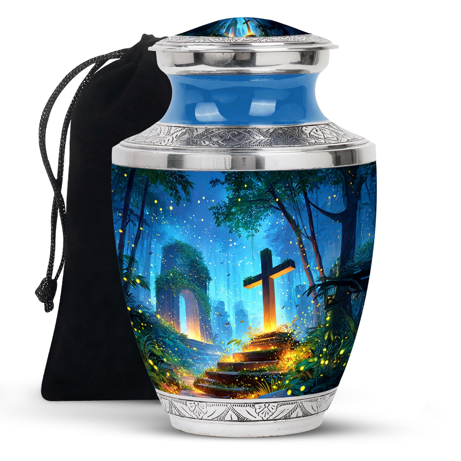 Powder Blue Cross Cremation Urn side profile showing urn shape - contemporary cross design with modern artistic flair - full-size 10 inch 200 cubic inch adult cremation urn