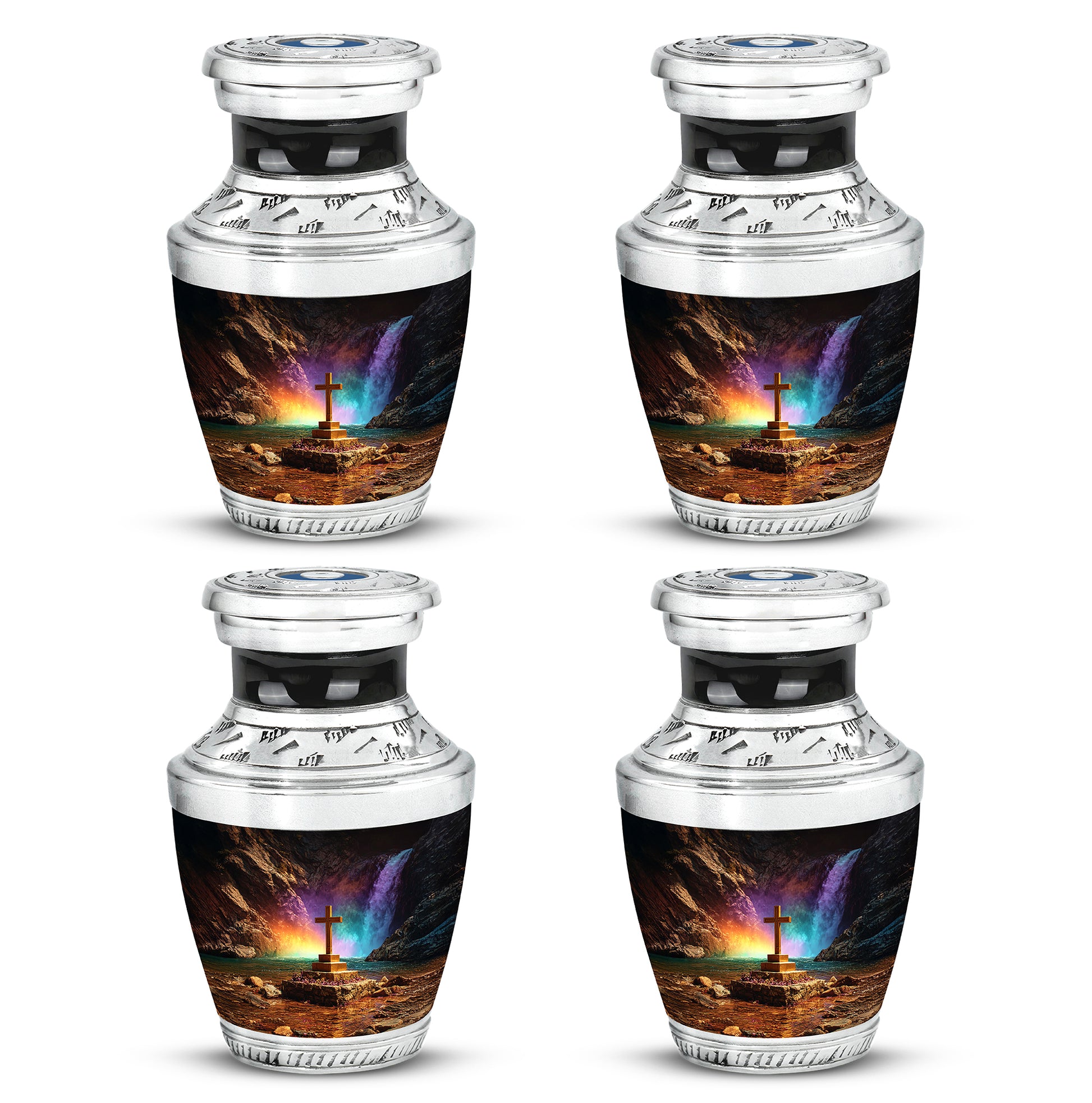 Dark Black Cross Cremation Urn back view with polished surface - stylized abstract cross pattern with bold lines - 10 inch aluminum urn for cremated remains