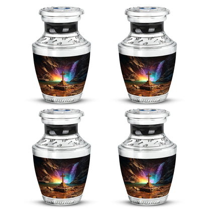 Dark Black Cross Cremation Urn back view with polished surface - stylized abstract cross pattern with bold lines - 10 inch aluminum urn for cremated remains