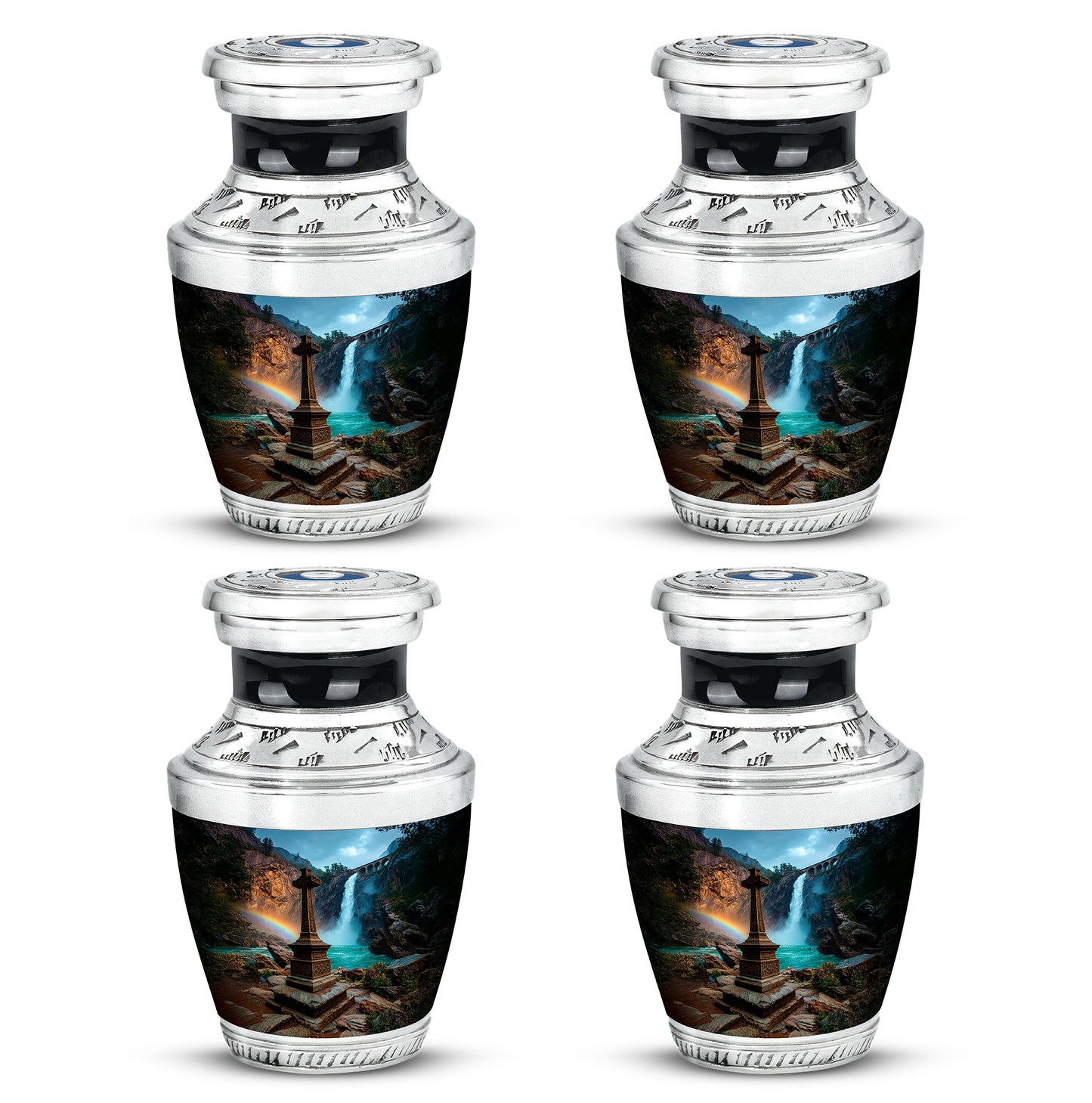 Powder Blue Cross Cremation Urn back view with polished surface - contemporary cross design with modern artistic flair - 10 inch aluminum urn for cremated remains