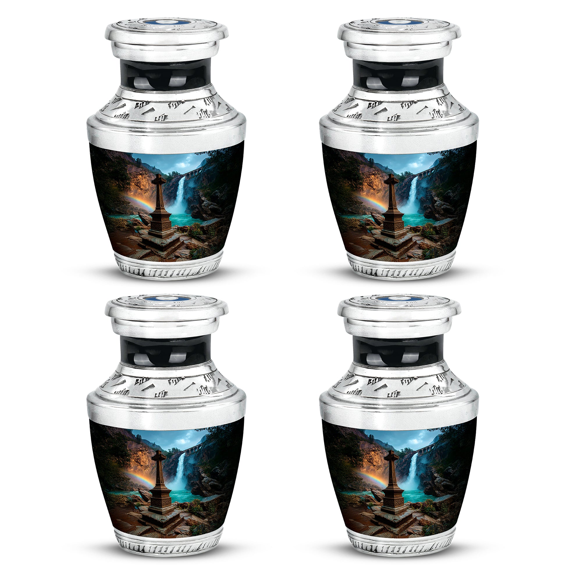 Powder Blue Cross Cremation Urn back view with polished surface - contemporary cross design with modern artistic flair - 10 inch aluminum urn for cremated remains