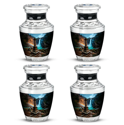 Powder Blue Cross Cremation Urn back view with polished surface - contemporary cross design with modern artistic flair - 10 inch aluminum urn for cremated remains