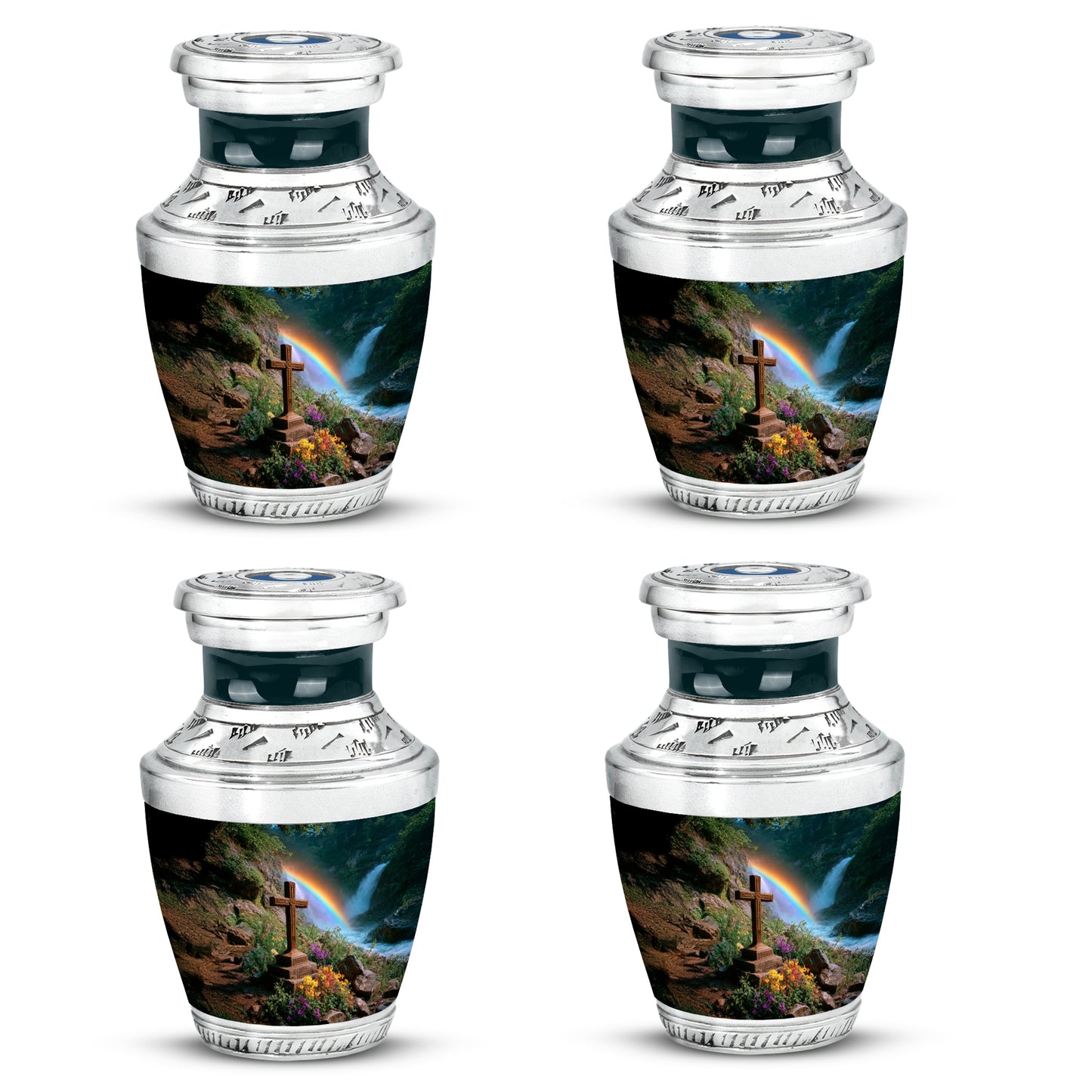 Sage Green Cross Cremation Urn back view with polished surface - contemporary cross design with modern artistic flair - 10 inch aluminum urn for cremated remains