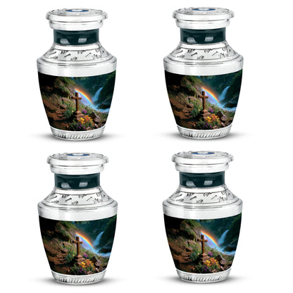 Sage Green Cross Cremation Urn back view with polished surface - contemporary cross design with modern artistic flair - 10 inch aluminum urn for cremated remains