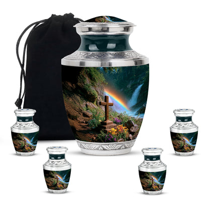 Mint Green Cross Cremation Urn lifestyle display on memorial shelf - artistic cross interpretation with creative detail - memorial set with one large and four small urns