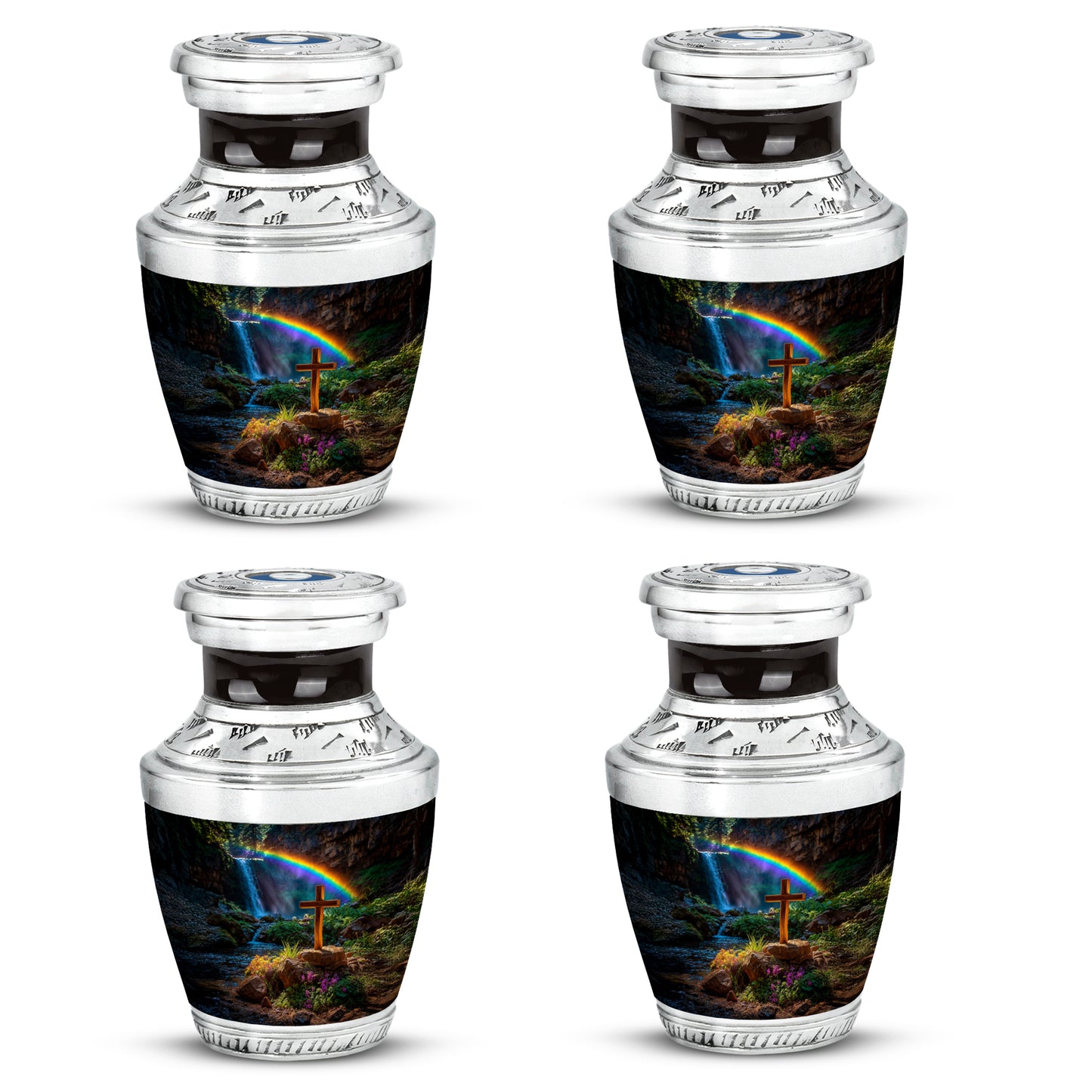 Midnight Black Cross Cremation Urn back view with polished surface - stylized abstract cross pattern with bold lines - 10 inch aluminum urn for cremated remains